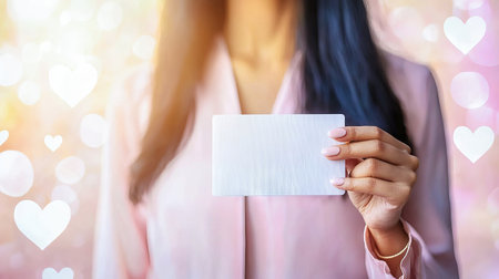 South Asian Woman in Pastel Outfit Holding a Blank Card. Concept of Professional Branding, Identity,...
