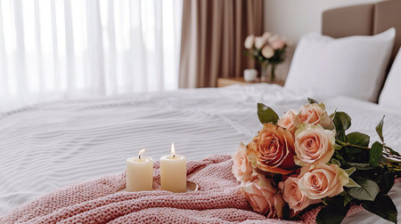 Elegant Bedroom with Roses and Candles on a Cozy Bed, Perfect for Relaxation, Comfort, and Romantic Ambiance in a Modern Home. Valentine's Day.の写真素材