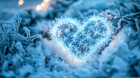 Sparkling Snow Heart in Winter Wonderland Concept of Love Romance Nature and Beauty in Icy...