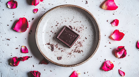 Gourmet Dark Chocolate on Ceramic Plate with Rose Petals. Concept of Luxury Desserts, Artisanal Sweets, Indulgent Treats, Culinary Elegance, and Romantic Flavors in Fine Dining. Valentine's Day.の写真素材