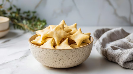 Delicious star-shaped hamantaschen in a decorative bowl on a clean kitchen counter. Concept of...
