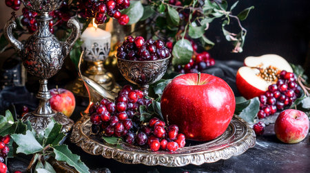 Elegant Purim Holiday Table with Silver Ornaments and Fresh Apples and Berries. Concept of Traditional Celebration, Festive Decor, Seasonal Abundance, Luxurious Dining Ambiance.の写真素材