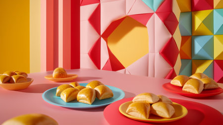 Colorful geometric background with festive Purim table decor featuring hamantaschen. Concept of...