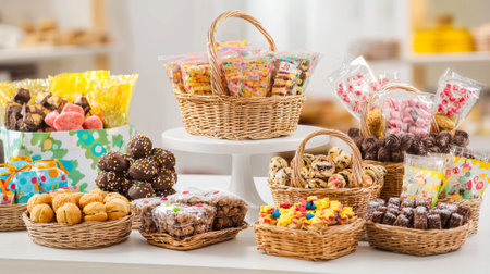 Colorful Purim Mishloach Manot Gift Baskets on White Table. Assorted Sweets and Treats Create Festive Atmosphere. Concept of Celebration, Tradition, Gifting, Jewish Holiday, Joyful Moments.の写真素材