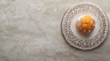 Minimalist Purim charity food donation concept with single pastry on elegant lace plate. Cozy...