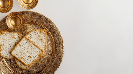 Matzo and ornate gold plate with traditional Jewish symbols. Concept of Purim celebration, cultural...