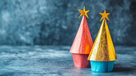 Creative Purim-Themed Crafts for Kids Featuring Colorful Paper Cone Hats with Stars. Concept of DIY Festive Activities, Jewish Cultural Celebrations, Fun Crafts for Children. Copy space.の写真素材