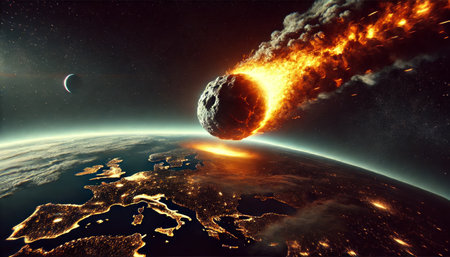 Massive asteroid with a fiery tail hurtling toward Earth, illuminating the planet s surface with...