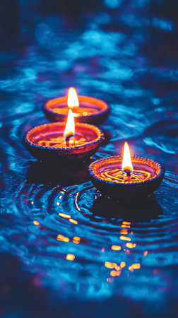 Glowing Oil Lamps Floating on Water at Maha Shivaratri Festival Concept of Spiritual Reflection,...