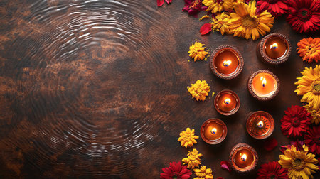 Radiant Marigold and Candle Setting for Maha Shivaratri. A Spiritual Wreath with Glowing Diwali...