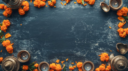Vibrant Marigold and Candle Border for Maha Shivaratri Indian Festival. Concept of Festive...