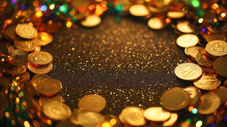 Golden Coins and Glittering Frame with Multicolored Mardi Gras Decorations Concept of Celebration, Festivity, Luxurious Abundance. Copy Space.の写真素材