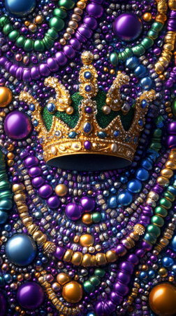 Luxurious Mardi Gras Crown with Colorful Beads and Jewels. Concept of Festive Celebration Opulence Royalty Rich Traditions. Vertical.の写真素材