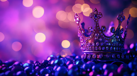 Luxurious Metallic Crown and Beads on Vibrant Bokeh Background. Concept of Mardi Gras Celebration, Festive Royalty, Glamorous Party Atmosphere. Copy space.の写真素材