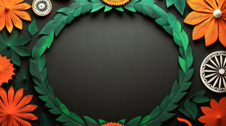 Colorful Republic Day of India Art with Orange and Green Floral Frame and Traditional Wheel. Concept...