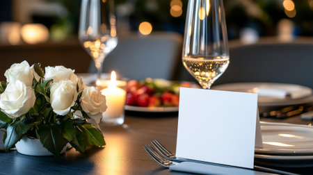 Blank Card on Modern Dining Table with White Roses and Candlelight Ambiance. Concept of Romantic...