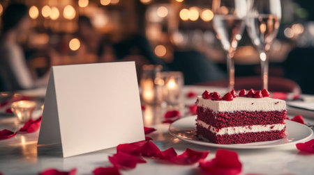 Romantic Candlelit Setting with Red Velvet Cake and Blank Card Concept of Valentine's Day Romance Celebration Copy Space. Copy space, mockup.の写真素材
