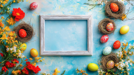 Colorful Easter Arrangement with Decorative Eggs and Flowers on Blue Background Concept of Spring Celebration and Festive Decor. Copy space.の写真素材