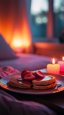 Heart-Shaped Pancakes with Strawberries and Syrup on a Cozy Dining Table with Candlelight - Concept...