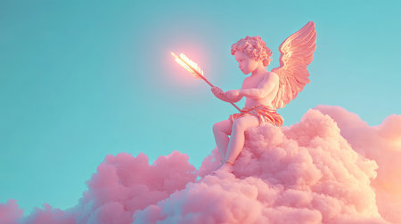 Ethereal Cupid Figure Perched on Cloud Holding Illuminated Arrow. Concept of Love, Serenity, Fantasy Art, and Mythical Beauty. Valentine's Day. Copy space.の写真素材