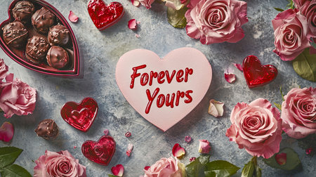 Elegant Valentine's Day Scene with Heart-shaped Chocolates and Pink Roses. Concept of Romance, Love,...