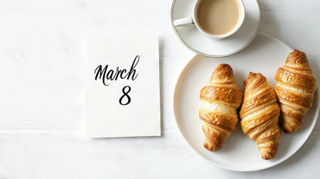 Elegant Breakfast Scene with Coffee and Croissants Celebrating International Women's Day on March 8....