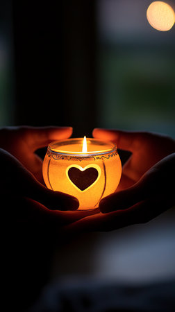 Hands Gently Holding a Glowing Candle with Heart Design, Illuminating Love and Warmth, Symbolizing...