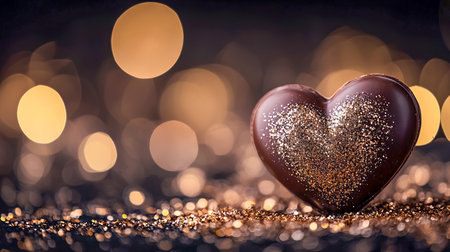 Glittery Chocolate Heart on Sparkling Background. Concept of Romance, Sweet Indulgence, Festive Celebration, and Love. Copy space.の写真素材