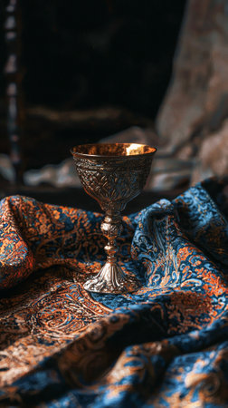 Ornate Silver Goblet on Luxurious Patterned Fabric, Concept of Elegance, Historical Artifacts....
