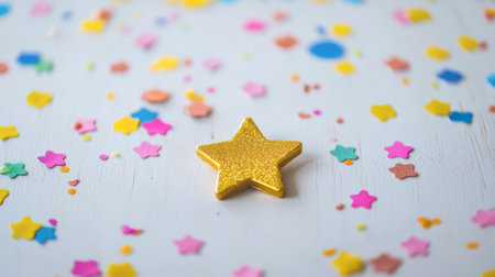 Golden Star on a Colorful Confetti Background. Concept of Celebration, Festive Decorations.