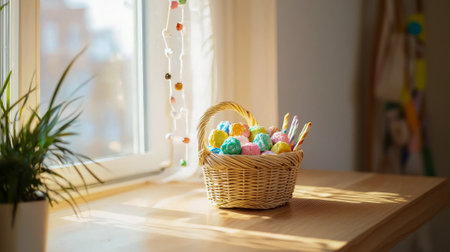 Gift Basket with Colorful Treats by Sunlit Window. Concept of Festive Celebration, Home Decor. Purim. Copy space.の写真素材