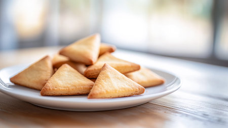 Delicious Triangular Hamantaschen Cookies on a Plate. Concept of Jewish Celebrations, Traditional Snacks. Purim. Copy space.の写真素材