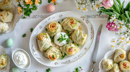 Elegantly arranged easter table with traditional dishes and decorations for a celebratory gathering.