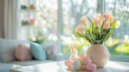 Bright and spacious modern living room with floral decor and easter theme for relaxation and...