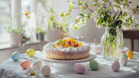 Bright easter dessert table with traditional Italian cake, blooming flowers, and painted eggs...