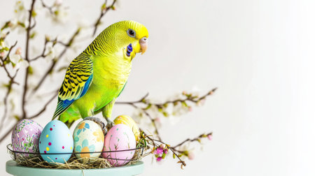Bright green parakeet parrot perched amid colorful easter eggs and blossoms spring decor and nature concept. Copy space.の写真素材