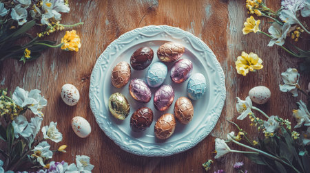 Elegant wooden table with decorated chocolate eggs surrounded by spring flowers. concept of easter...