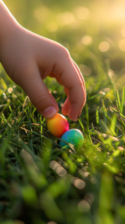 Close-up of a child's hand grabbing colorful balls on grass. concept of play, childhood curiosity,...