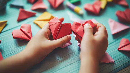 Close-Up of a Child's Hands Crafting Red Origami Hearts on a Colorful Table. Concept of Mother's Day Gift, Handmade Creativity, Valentine's Day, Birthday Surprise, and Thoughtful Gestures.の写真素材