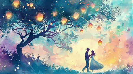 Watercolor Art of a Couple Dancing Under Lantern-Lit Tree at Twilight. Concept of Romance, Night...