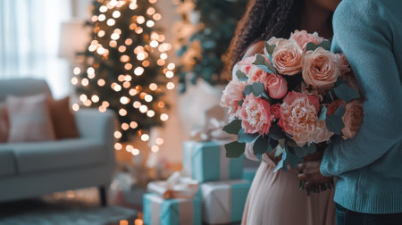 Romantic African American Couple Embracing with a Beautiful Bouquet of Pink Roses in Festively Decorated Living Room. Concept of Love, Holidays, Celebration, Togetherness, Affection. Valentine's Day. Copy space.のeditorial素材