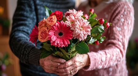 Elderly couple holding a vibrant bouquet of flowers in a cozy setting. Concept of love, companionship, and floral appreciation. Perfect for Valentine's Day or romantic occasions.の写真素材