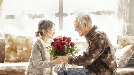 Elderly Asian Couple Sharing a Joyful Moment with Red Roses in a Cozy Living Room Watercolor Art...
