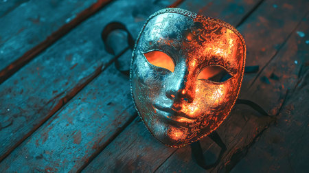 Golden Venetian Mask on a Wooden Surface. Concept of Mystery, Elegance, and Cultural Heritage....