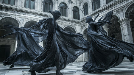 Mysterious Figures in Flowing Black Robes Dancing in a Historic Courtyard. Concept of Enigma,...