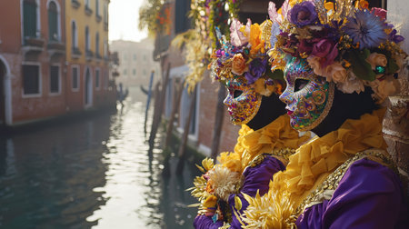 Vibrant Costumed Figures at Venice Carnival by a Canal Dress Up in Colorful Masks and Flowers Concept of Celebration, Cultural Heritage, Festivity.の写真素材