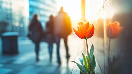 Orange Tulip Blooming on City Street with Silhouetted Figures Walking at Sunrise. Concept of Urban Spring Arrival, Morning Commute, Nature in Urban Spaces.の写真素材