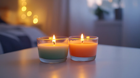 Two Lit Candles on Table in Cozy Room Ambience Concept of Warmth Tranquility Relaxation with Soft Lighting and Calm Atmosphere. Copy space.の写真素材