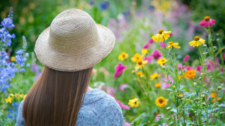 Woman in Straw Hat Tending to Vibrant Spring Garden with Colorful Blossoms. Concept of Gardening,...