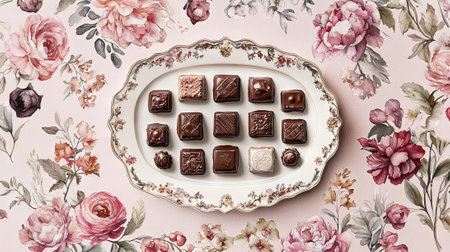 Watercolor Art of an Assortment of Chocolates on Floral Plate. Concept of elegance, gourmet treats.